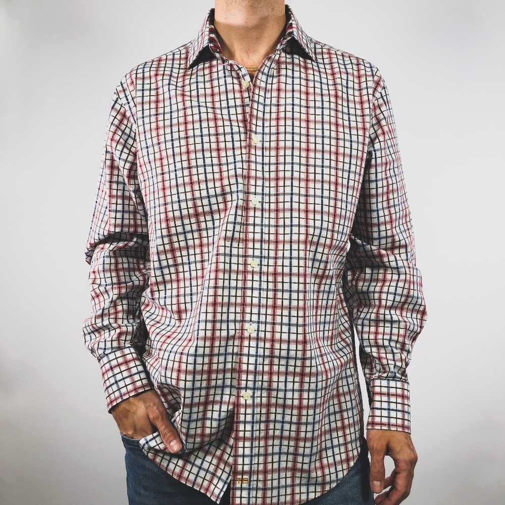 Thomas Dean Red Blue White Check Sport Shirt M - Picture 1 of 7